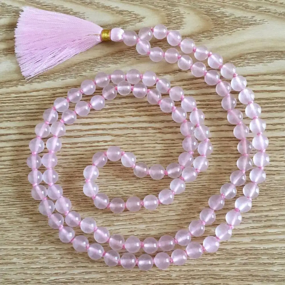 

Natural Rose Quartz 108 Beads Mala Necklace with Pink Tassel Spiritual Meditation Jewelry