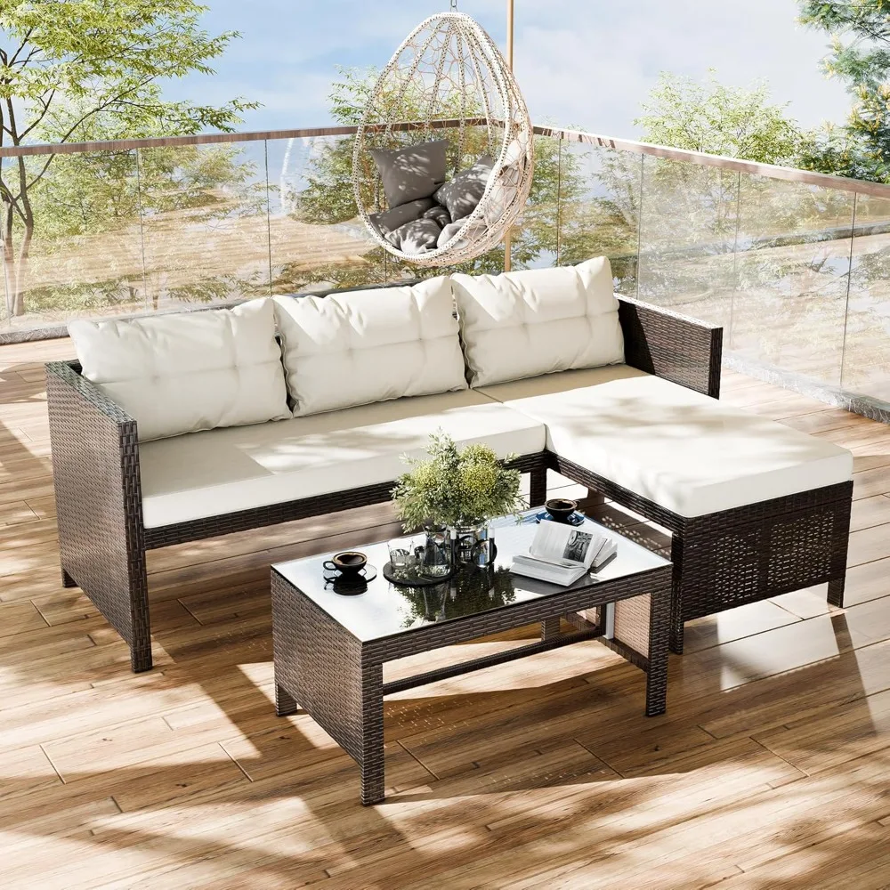 

3-Piece Wicker Patio Conversation Furniture Set,Patio Corner Sofa,Includes Loveseat Sofa Sectional, White Couch and Coffee Table