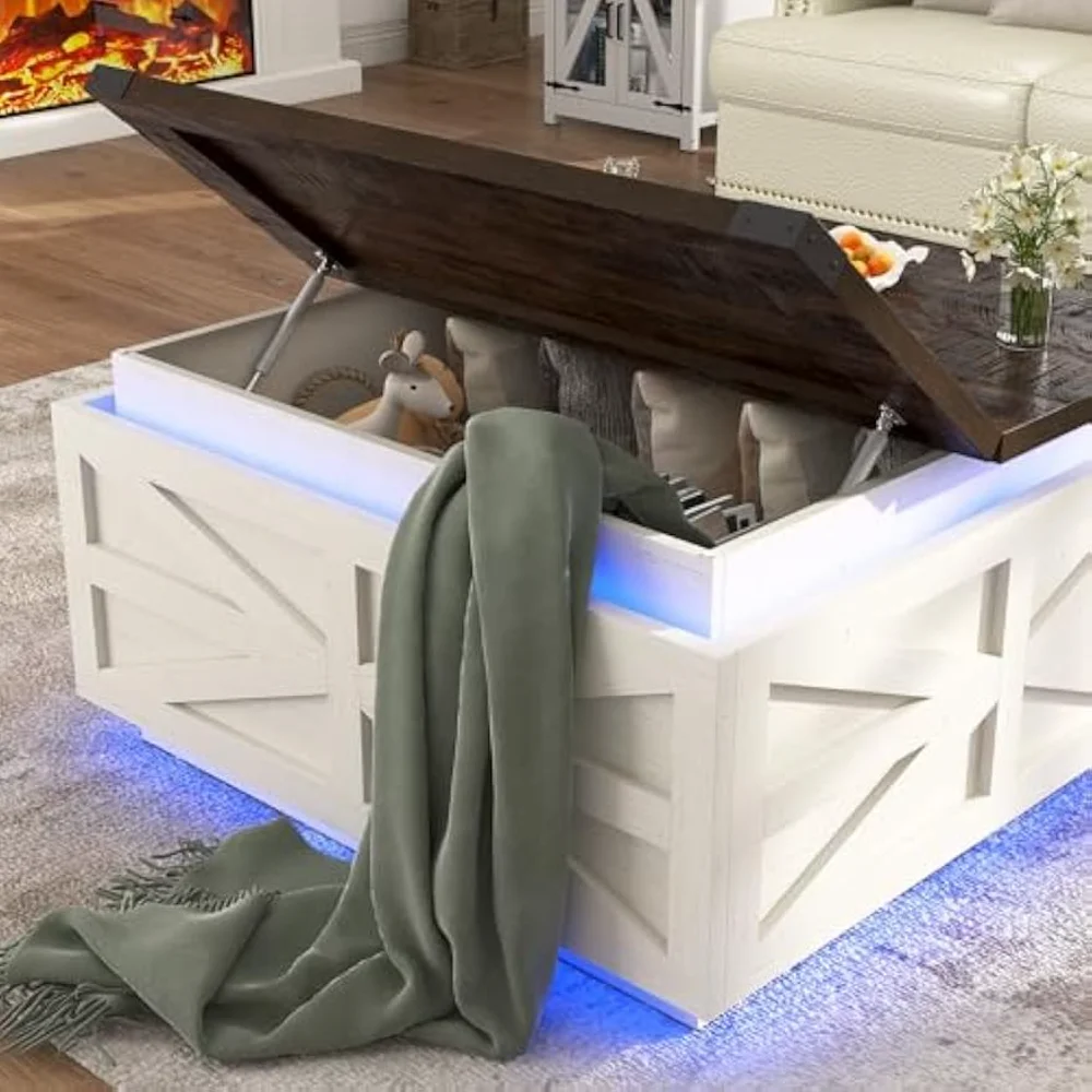 35.8" Farmhouse Lift Top Coffee Table with Storage，Square Coffee Table with LED Lights，Wood Square Center
