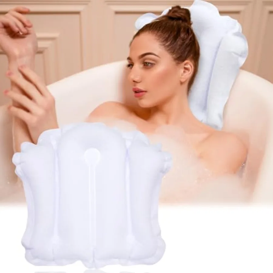 Almohada Inflable para Bañera, Antideslizante, Suave y Cómoda, de Tela de Rizo, Blanca, con Ventosas