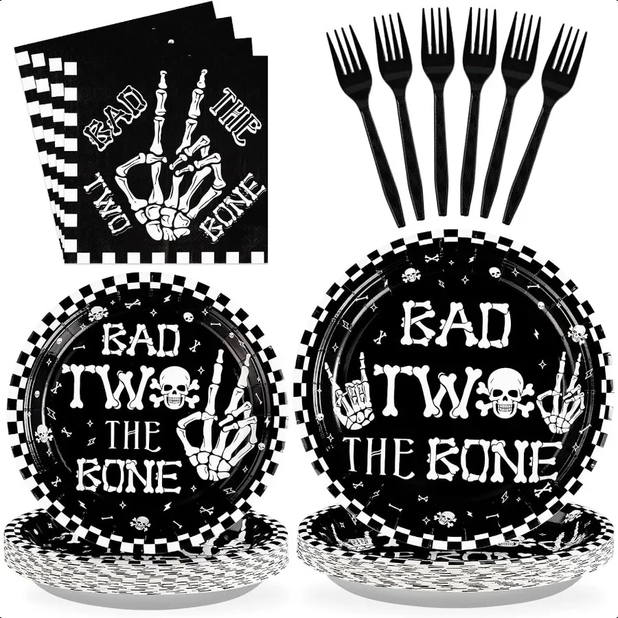 96 Uds. Bad Two The Bone Party plies negro blanco Rock platos y servilletas de segundo cumpleaños vajilla hueso cráneo segunda fiesta de cumpleaños