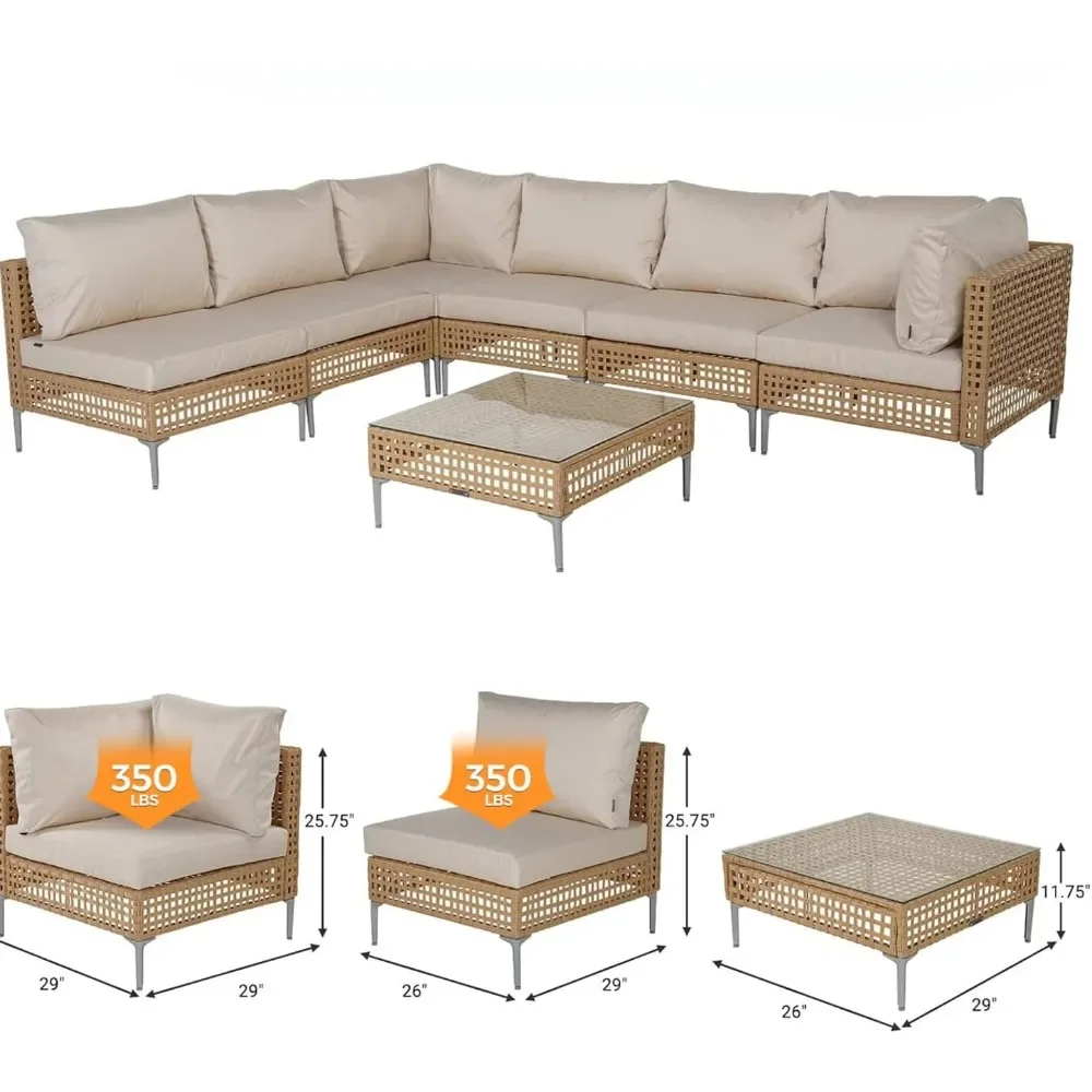 Set furnitur teras anyaman, Sofa taman 3/4/5/7 potong, Set percakapan luar ruangan Boho semua cuaca, Sofa taman