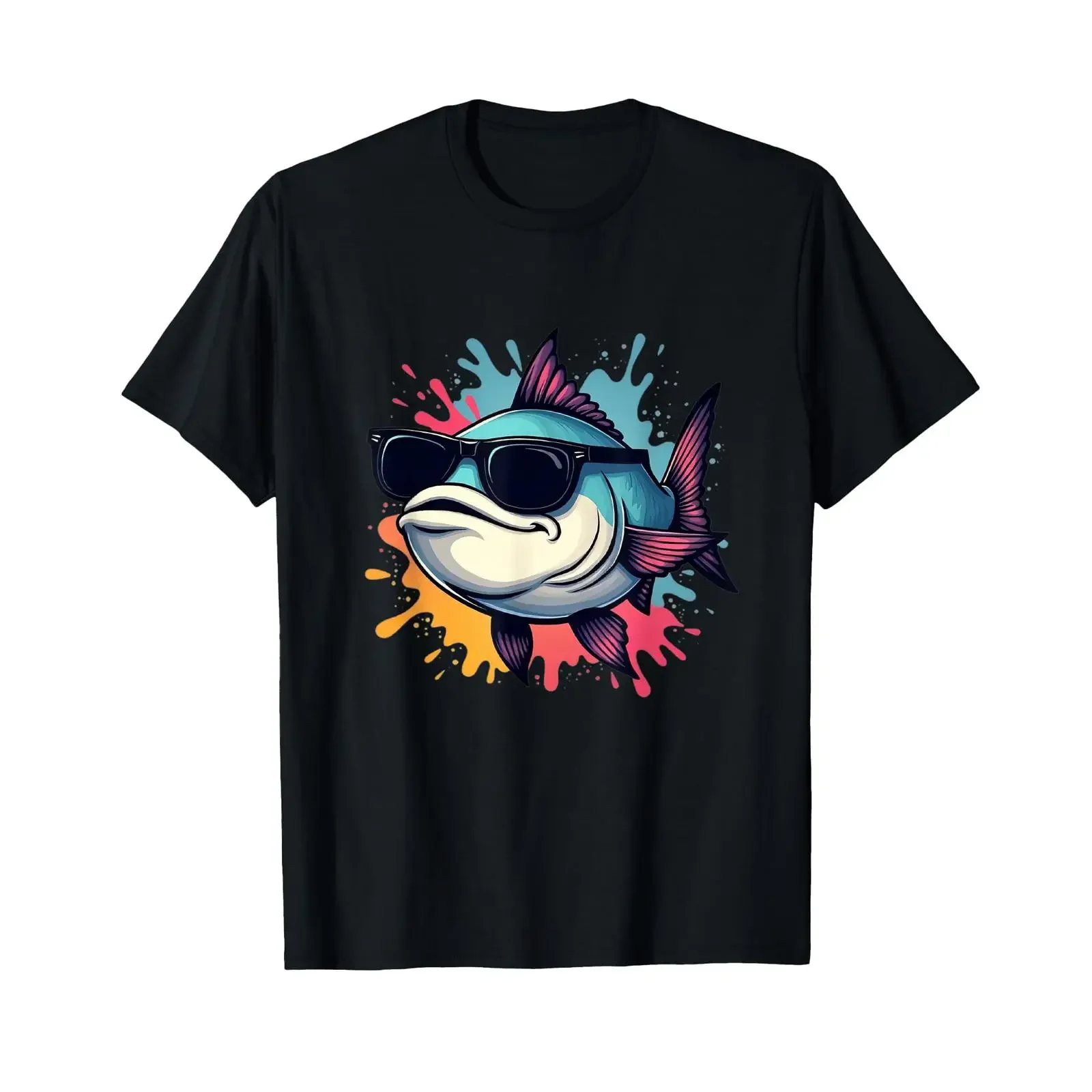 Comic Fish with Sunglasses and Paint Splashes T Shirt vintage Washed Soft Stretched Top For Everyday Wear Unisex Breathable