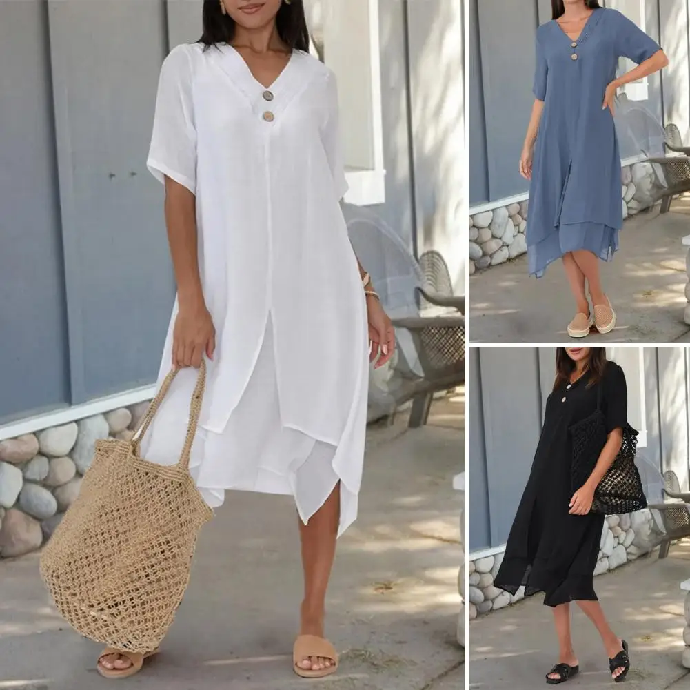 

A-line Silhouette Dress Stylish Women's V-neck Midi Dress with Irregular Hem Button Detail Casual Summer A-line Dress for Women