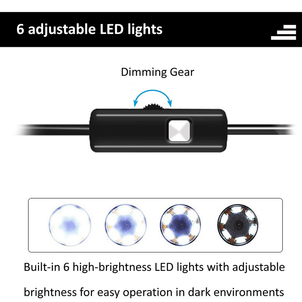 Câmera endoscópica para celular, mini endoscópio usb com fio macio com 6 luzes led 7mm 3 em 1 TYPE-C à prova d'água para android