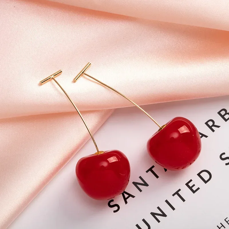 LATS New Cute Simulation Red Cherry Earrings for Women Girl Sweet Resin Hot Sale Earring Student Fruit Fashion Jewelry Gift