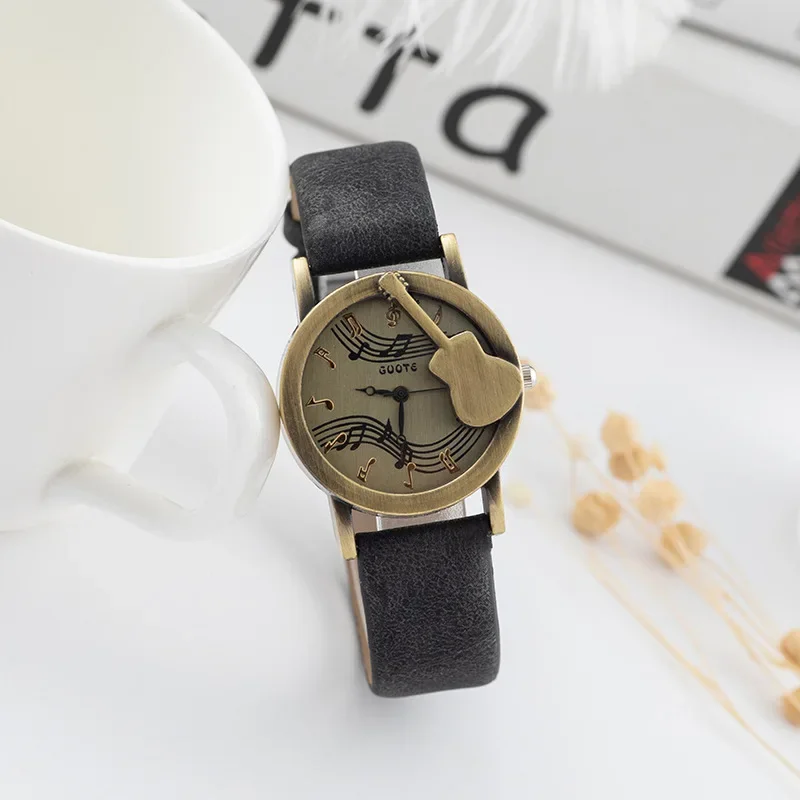 Vintage Punk Style Leather Strap Watch Women Fashion Casual Watches 3D Musical Note Sign Quartz Wristwatches Relojes Para Mujer