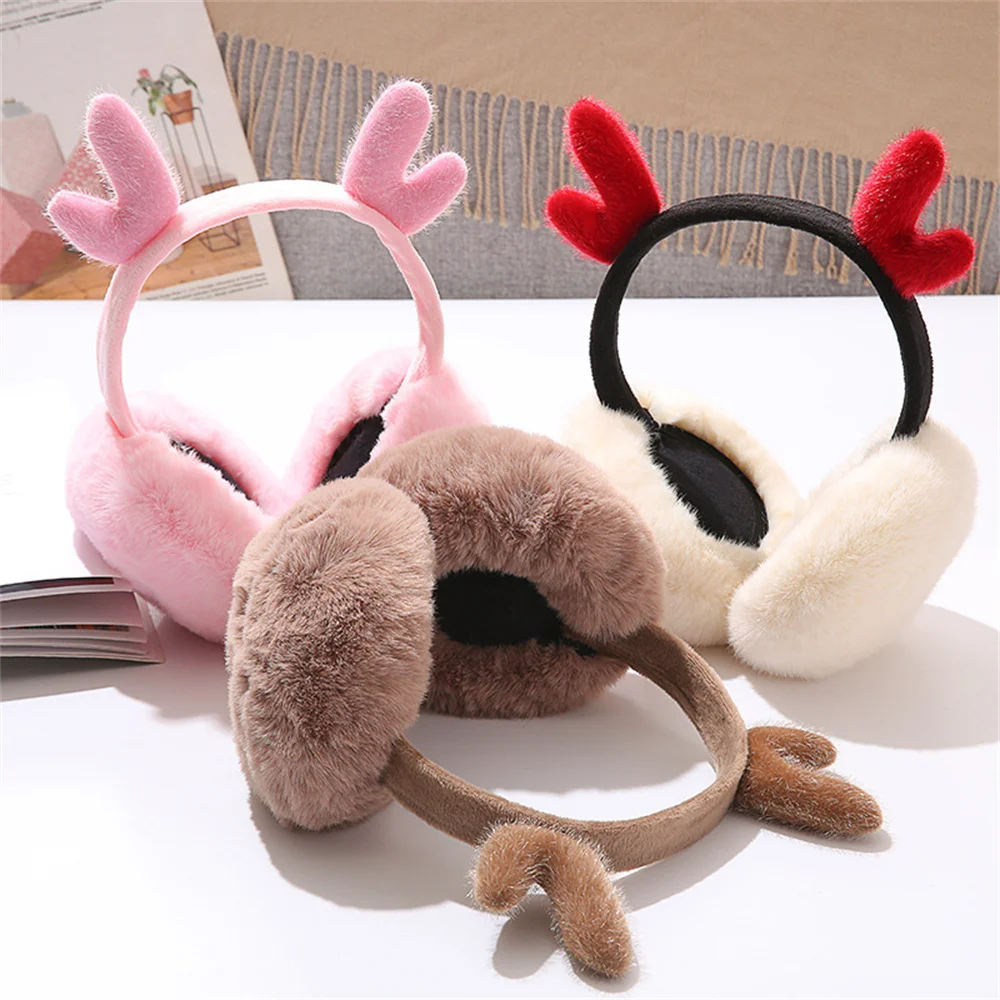 Soft Plush Christmas Deer Horn Earmuffs for Women Outdoor Ear Warmer Winter Warm Cold Protection Fashion Cute Korean Ear Cover