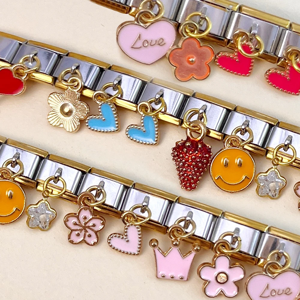 New Flower Strawberry Heart Smile Charm Links Stainless Steel Bracelet Fit 9mm DIY Making Italian Chain Bangle Jewelry For Women