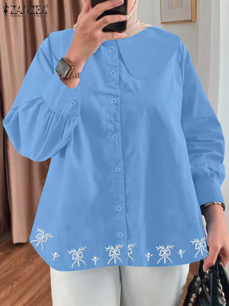 2025 ZANZEA Moda Donna Risvolto Camicetta a maniche lunghe Top Camicia musulmana Turchia Abaya Caftano Casual Floreale Blusas Abbigliamento islamico