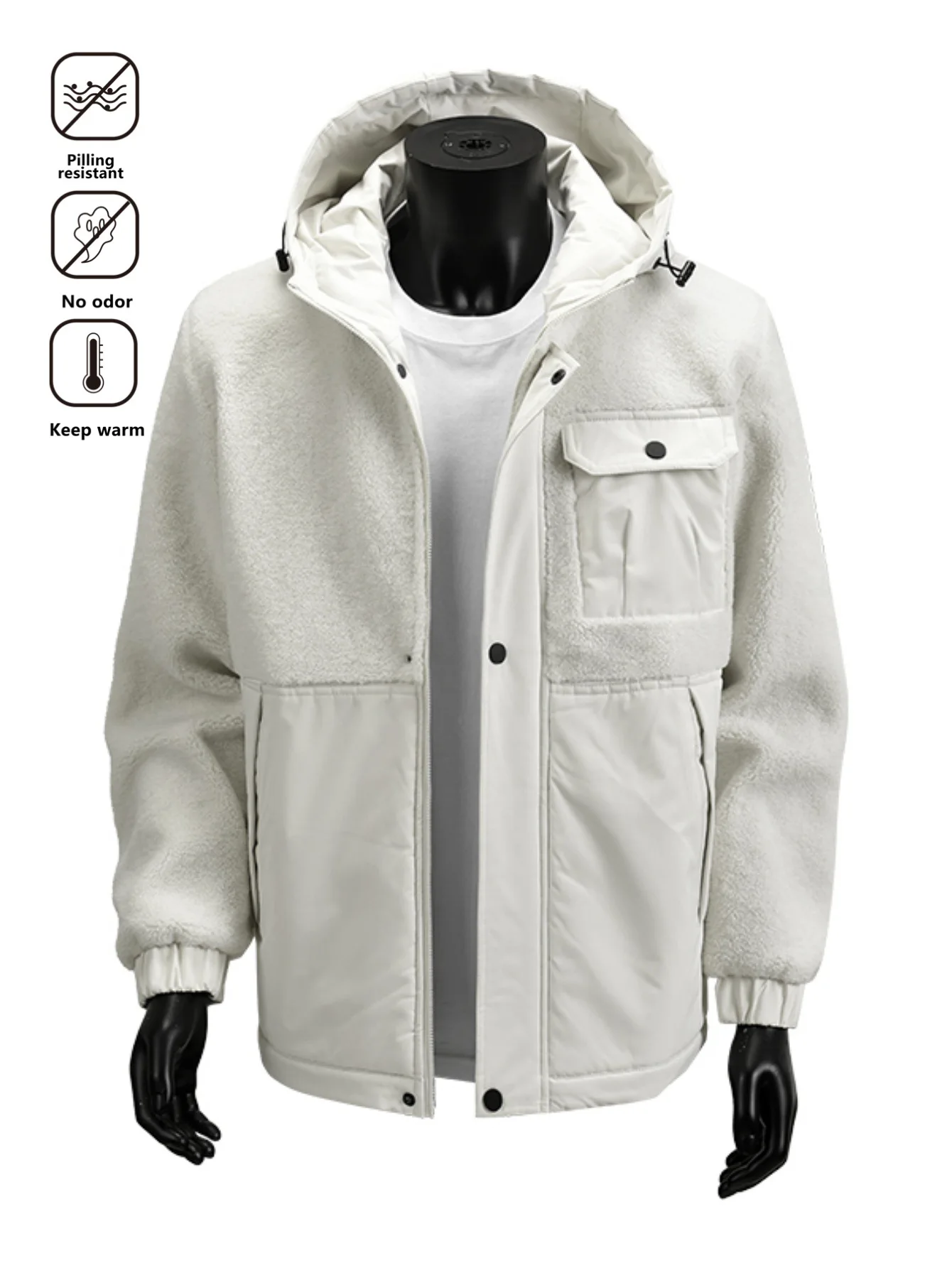 Outono e inverno quente jaqueta espessada para homem, 2025 nova jaqueta casual de retalhos de lã com capuz, casaco superior de inverno