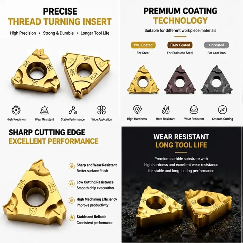 10pcs Hongpei 16ER14W-TC GM3325 PVD AlTiN Coated Triangular Carbide CNC Turning Insert Whitworth Thread Tool HRC40-50 for Carbon