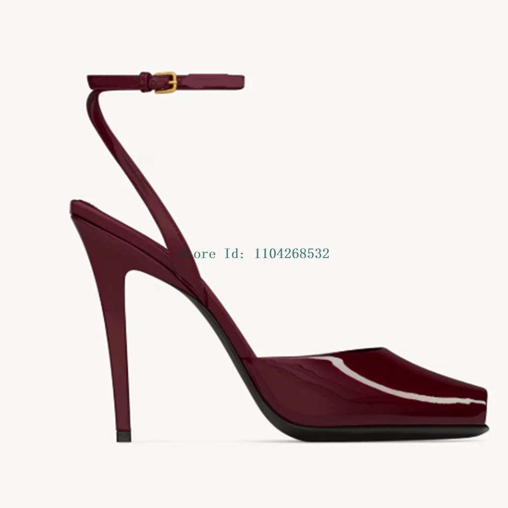 Burgundy Slingback Buckle Strap Shoes Paten Leather Sexy Pointed Toe Stlietto New Arrivals Fashion Women Sandals Open Toe