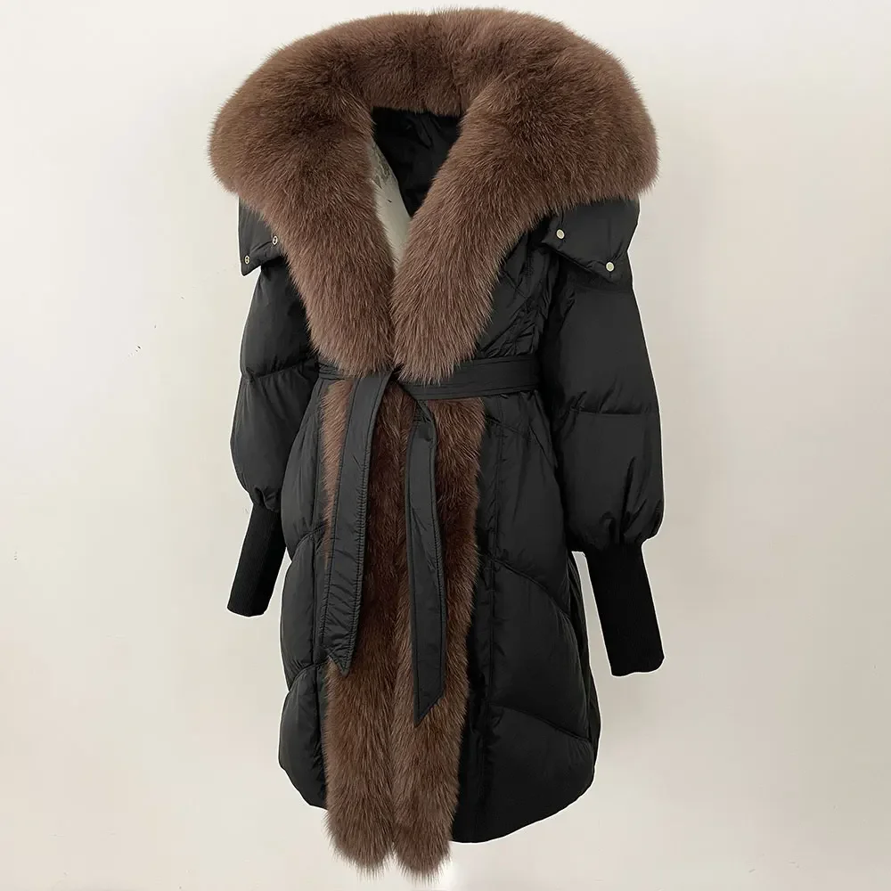سترة منتفخة الشتاء الخريف النساء معطف فرو الثعلب الطبيعي الحقيقي المرأة طويلة الإناث سميكة الدافئة مقنعين الأبيض بطة أسفل معطف Overwear