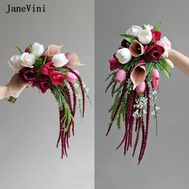 

JaneVini Elegant Pink Tulip Waterfall Bridal Bouquets Artificial Burgundy Silk Roses Cascading Wedding Bouquet Flowers for Bride