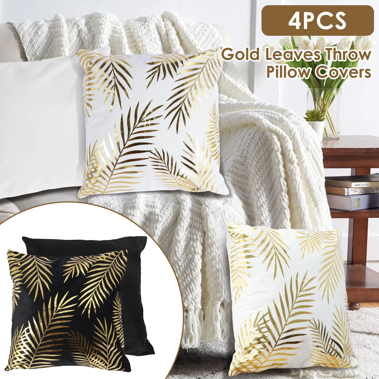 Set of 4 Throw Pillow Covers 18x18 Inch Gold Foil Stamping Leaves Pillow Covers Breathable Short Plush Throw Pillow Cases