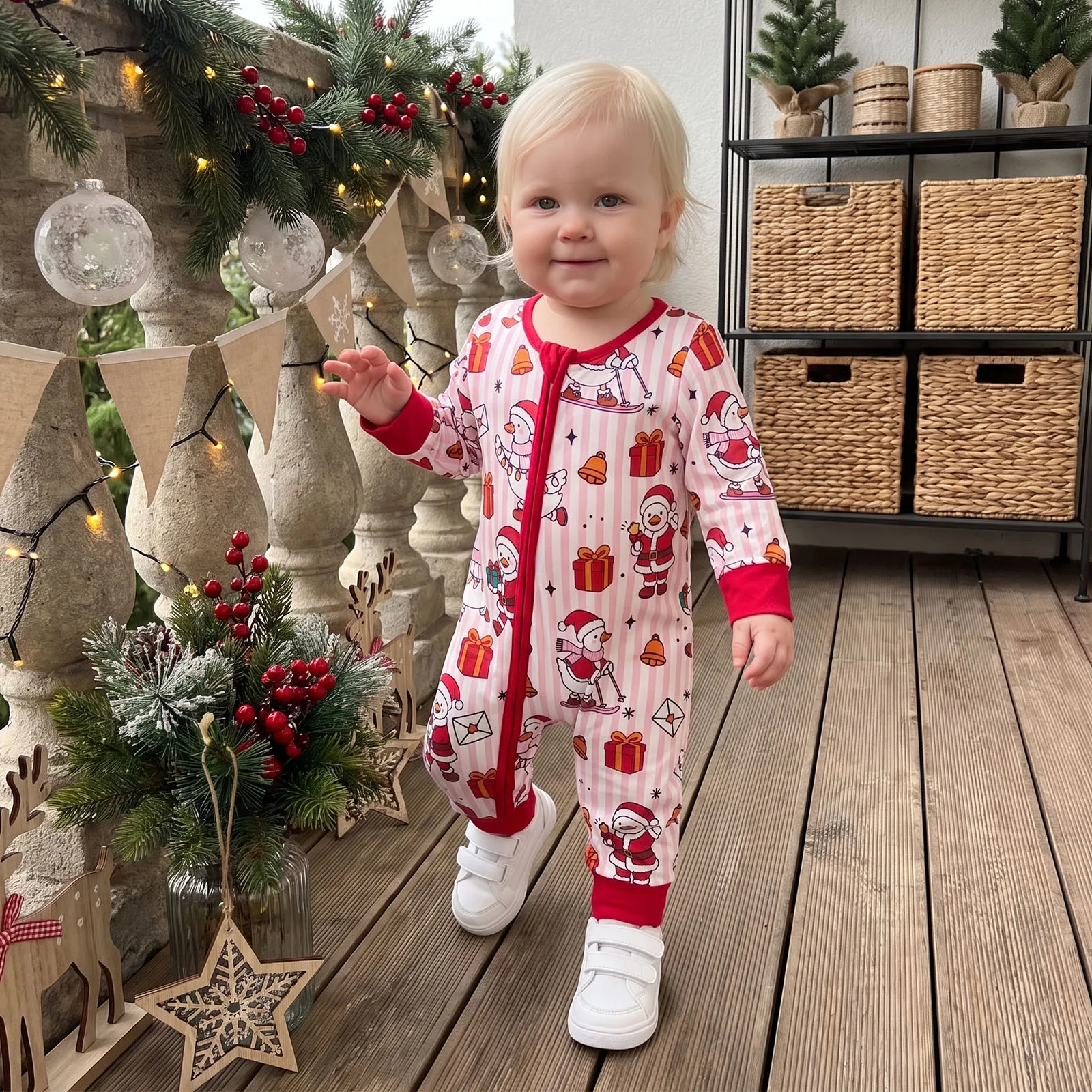 Baby Christmas Romper Front Zip Up Striped Crew Neck Long Sleeve Jumpsuit