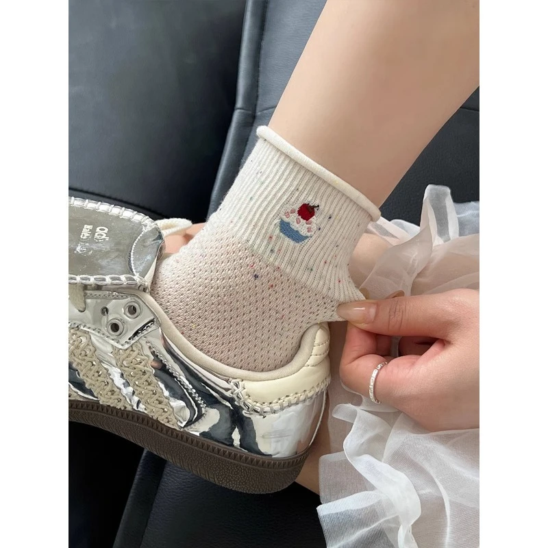 

Женские дышащие летние носки, милые сетчатые носки до середины икры с вышивкой, кавайный дизайн из пряжи с напуском в горошек для повседневной одежды и кроссовок