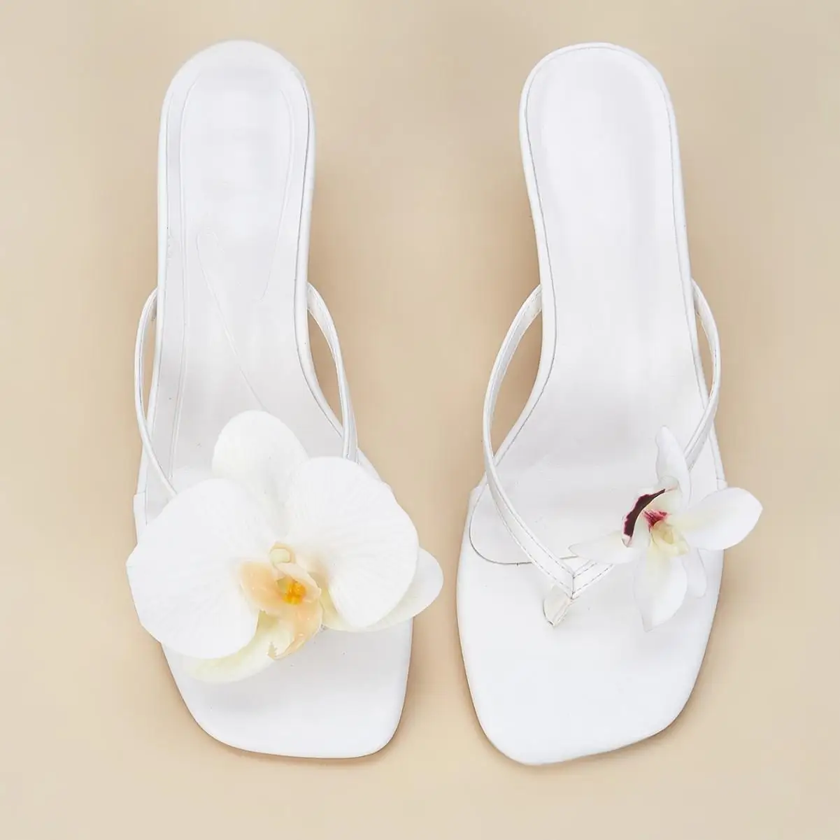

CHMURY, розовые, белые шлепанцы с цветочным принтом орхидеи на низком каблуке и квадратном носке, шлепанцы на каблуке, сандалии для женщин, 2025 г.