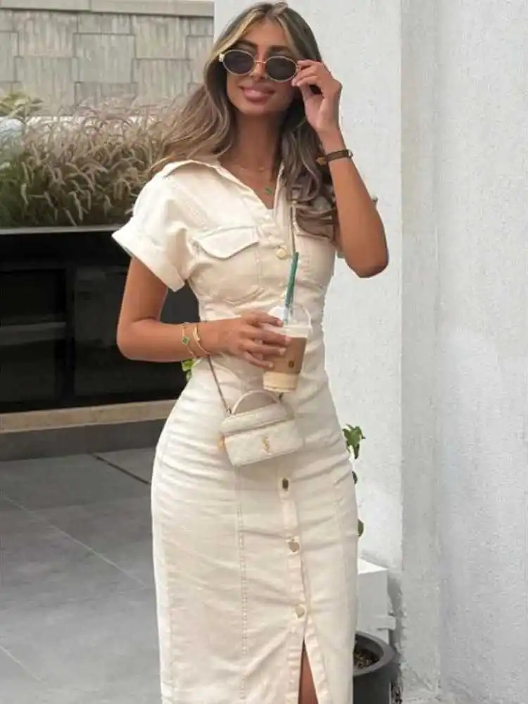 

ort Sve Midi Dr Button Detail HXAO Denim Women's Cleanfit Sle Tee-quarter Sve H Version for Middle-aged...