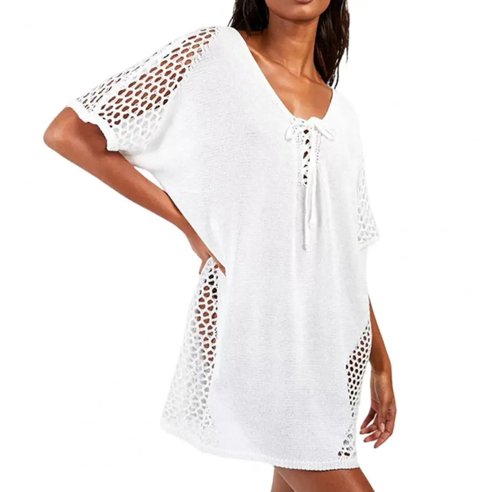 Plus Size Women Cover up Swim Cover up Stylish Lace up Beach Cover Up for Women V neck Half Sleeve Swim Sun Bikini