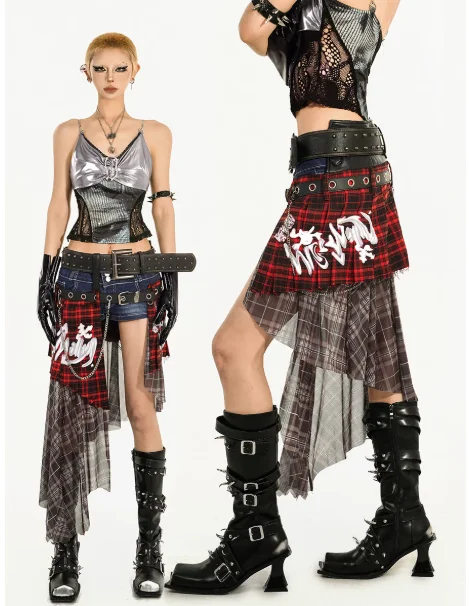 New Y2k Punk Red Plaid Waist Seal Long Skirts Women Chic Stacked Wear Subculture Irregular Personality Street Skirt Apron