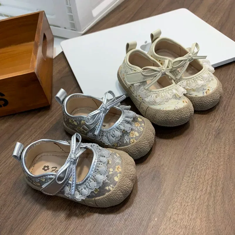 Mumoresip Kids Walking Shoes Floral Lace Bow Baby Princess Shoes Soft Non Slip Sole 2026 Brand New Toddler Casual Flat Shoes