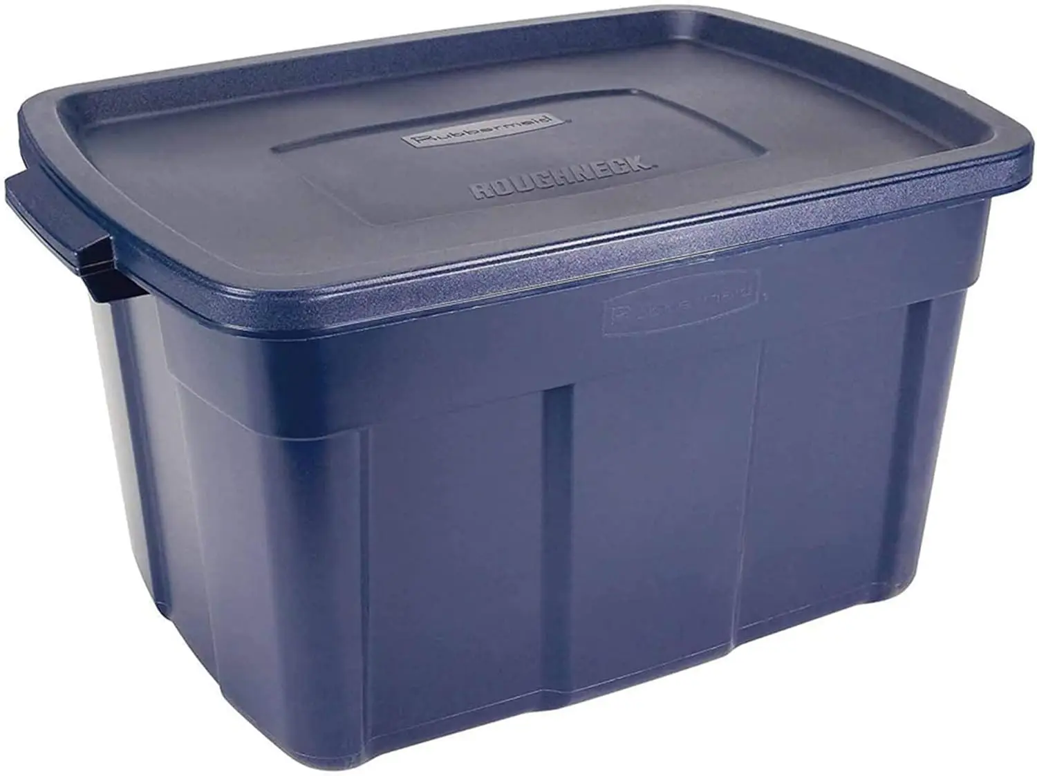 Roughneck Tote 25 Gal, 4 Pack, Made in USA, Dark Indigo Metallic, Rugged Plastic Stackable Storage Bins with Lids and Handles