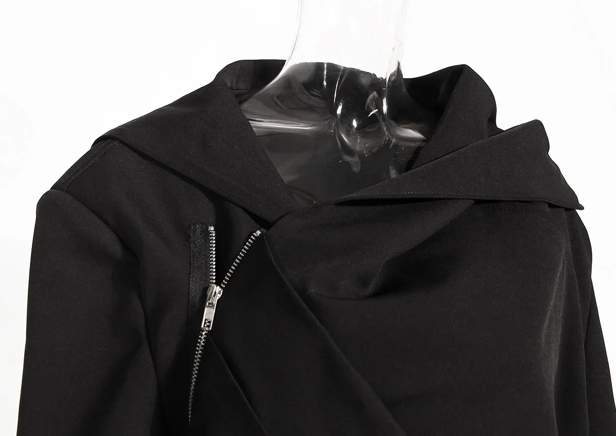 Black Hooded 1 Piece Women Jacket Female Zipper Casual Wear Long Sleeve Coat Outfit Streetwear