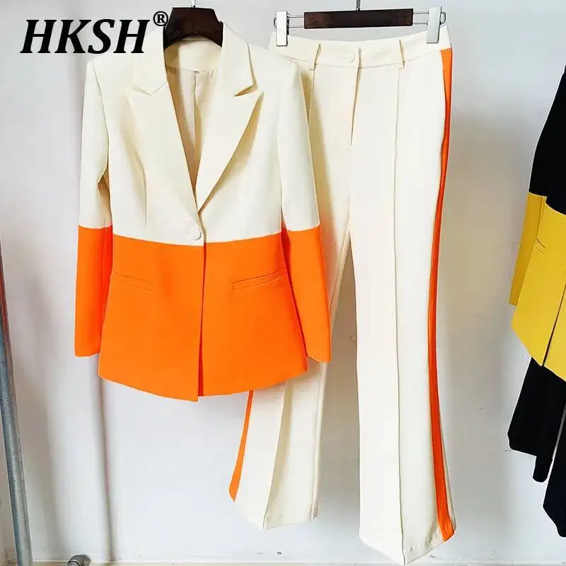 

HKSH Spring Summer New Women High Street Chic Elegant Office Lady Single Button Patchwork Suit Flared Pants Two-Piece Set HK5810