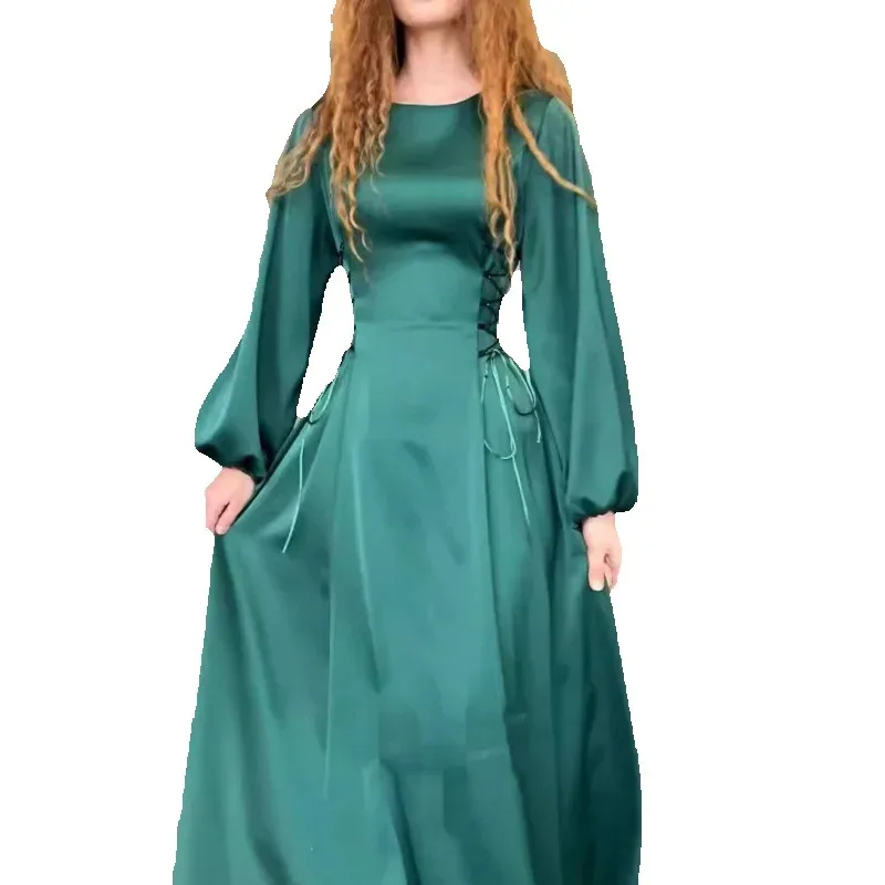 

JY Autumn New Loose and Fashionable Women's Round Neck Lace up Waistband Fluffy Sleeves Long Dress Solid Color Dress