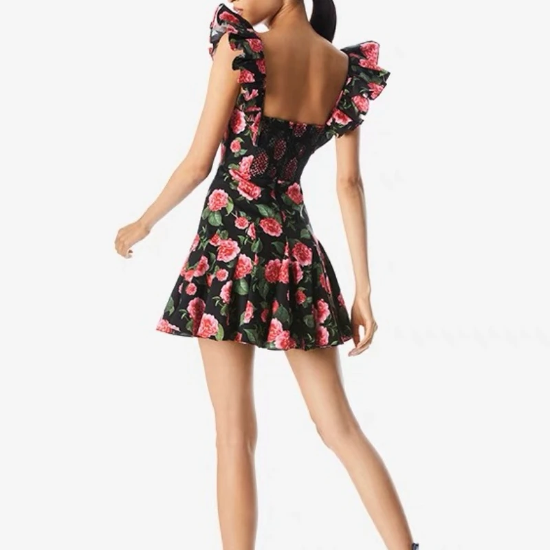 Black Floral Print 2024 Summer New Collection Vintage Sweet Flying Sleeve Square Collar Ruched Ruffles Flouncing Mini Dress