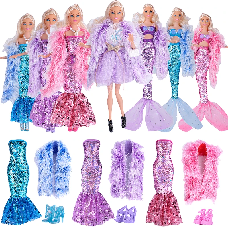 30cm Doll Clothes for Barbie Plush Coat Mermaid Sequined Beaded Fishtail Evening Dress Party Dress Doll Accessories Kids Toys JJ