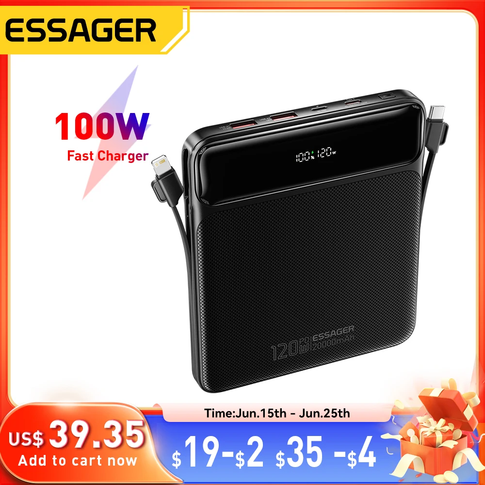 Essager 120W 20000mAh Power Bank with Two Built-in Cables 100W PD Fast Charging For iPhone 16 15 14 Pro Max iPad Macbook Laptop