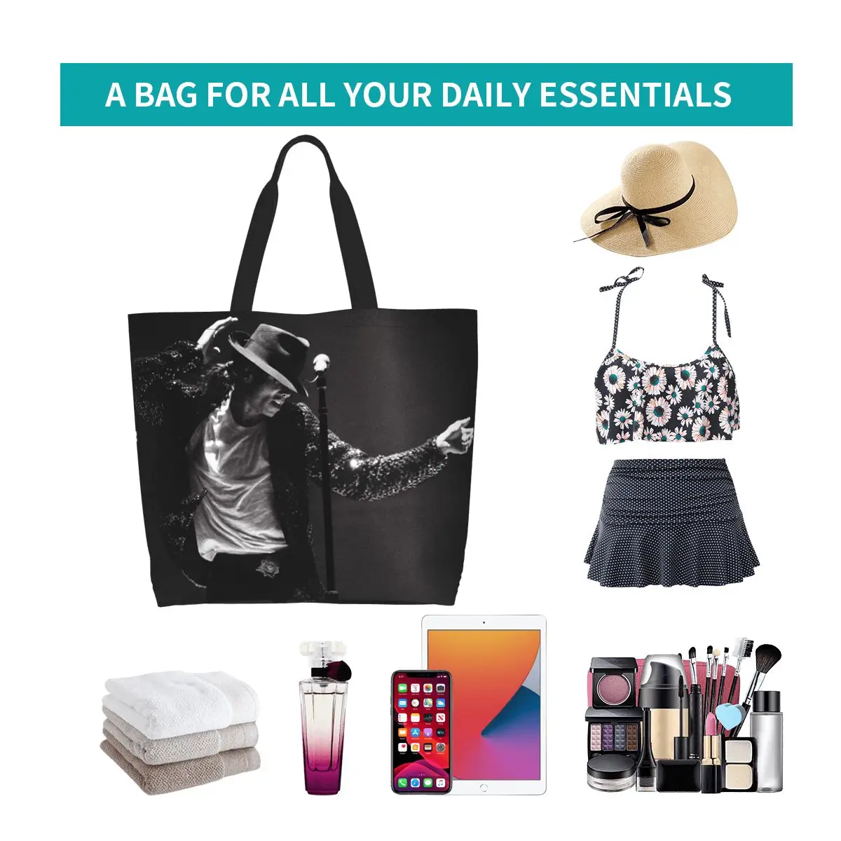 Michael Jackson Shopping Tote Bag Canvas Large Capacity Shoulder Bags Shopper Grocery Handbag for Women