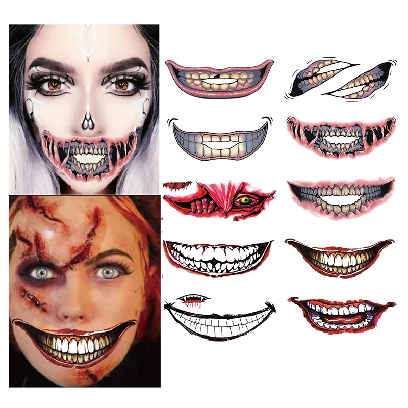 

Halloween Horror Big Mouth Face Stickers Tattoo Temporary Waterproof Devil Mask Party Makeup Art Fake Tattoos Festival Accessori
