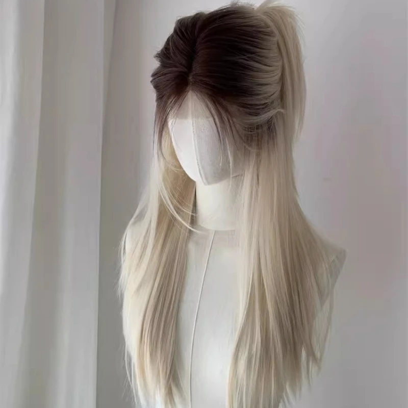 

Cream pudding wig white burst top dye gradient long straight hair women's full head cover small forehead lace natural