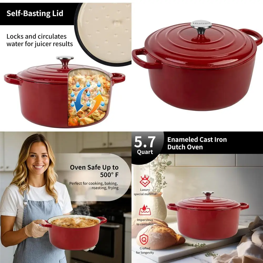 

5.7 Qt Red Enamel Cast Iron Dutch Oven with Lid - Ideal for Bread Baking, Oven Safe to 500°F, Perfect for Braising, Roasting, an