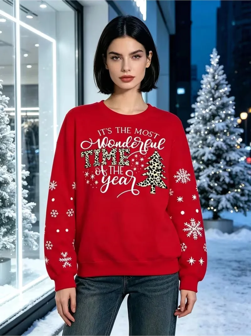 Ladies' New Year Christmas Party Hoodie, 3D Christmas Element Printed Hoodie, Long Sleeve Round Neck Casual Hoodie