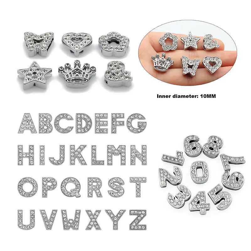 A-Z de diamantes de imitación de 8MM de diámetro interior, conjunto de 26 letras mayúsculas, corazón, estrella, corona, símbolos, joyería de moda,