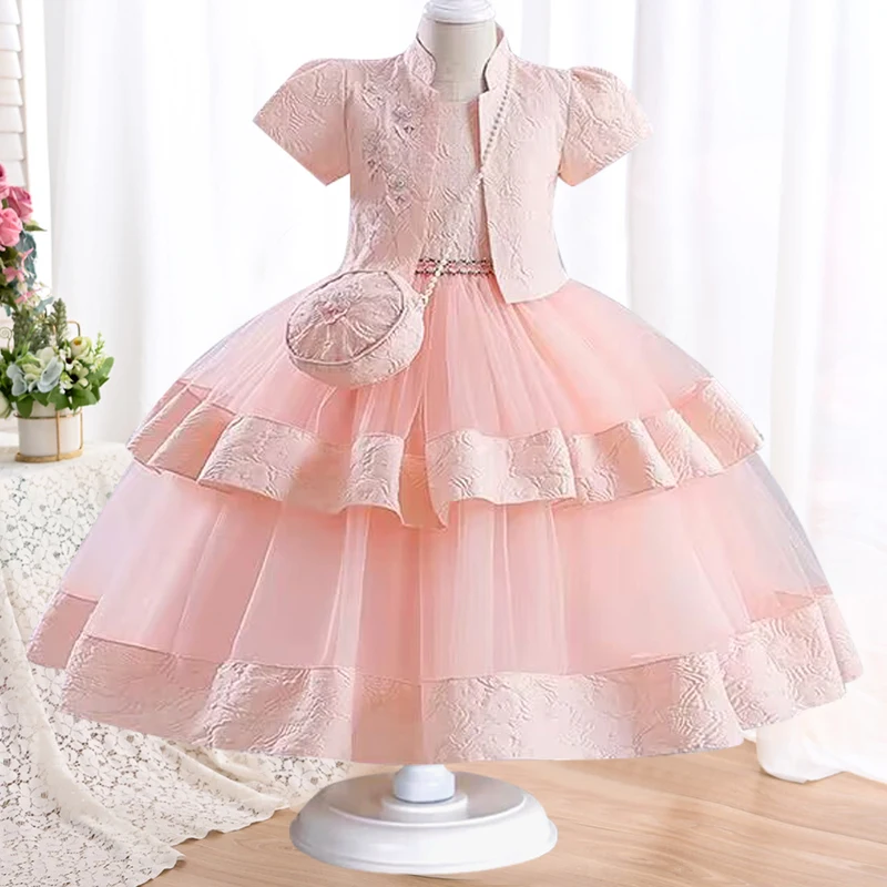 New 3-10 Year Old Children\'s Coat Embroidered Girl Princess Dress Tulle Cake Dress Girl Birthday Party Evening Dress+Bag