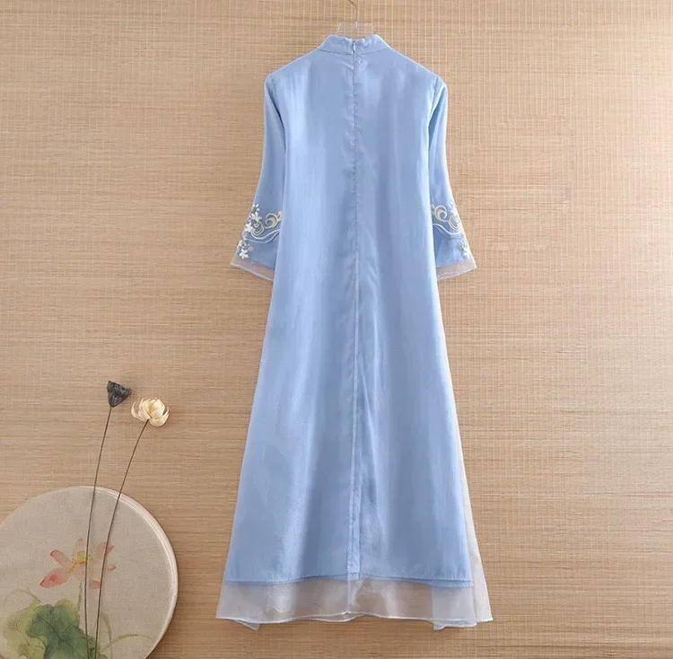 

High-end Spring Summer Organza Women Cheongsam Dress Retro Elegant Embroidery 3/4 Sleeve A-line Lady Party Qiapao Dress S-XXL