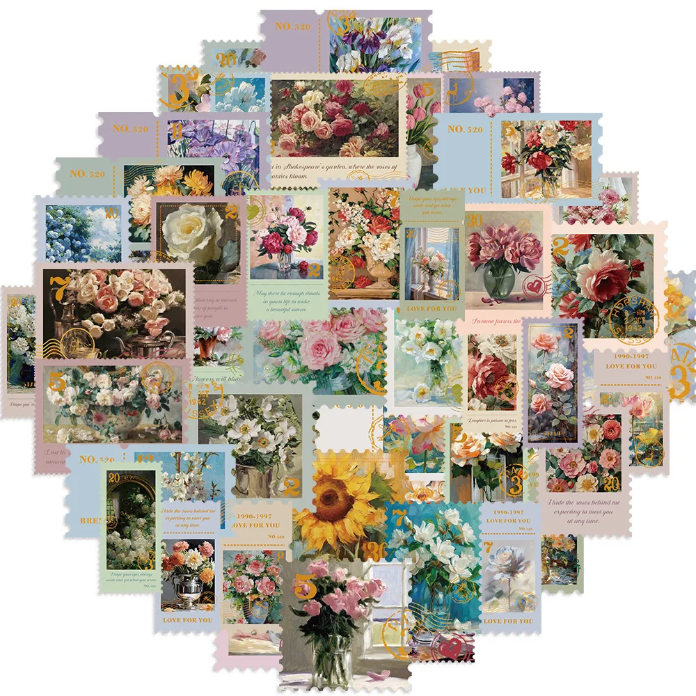 50 Stück Vintage Briefmarkenaufkleber für Sammelalbum, Deko-Papieraufkleber für Bullet Journal, botanische Feenaufkleber