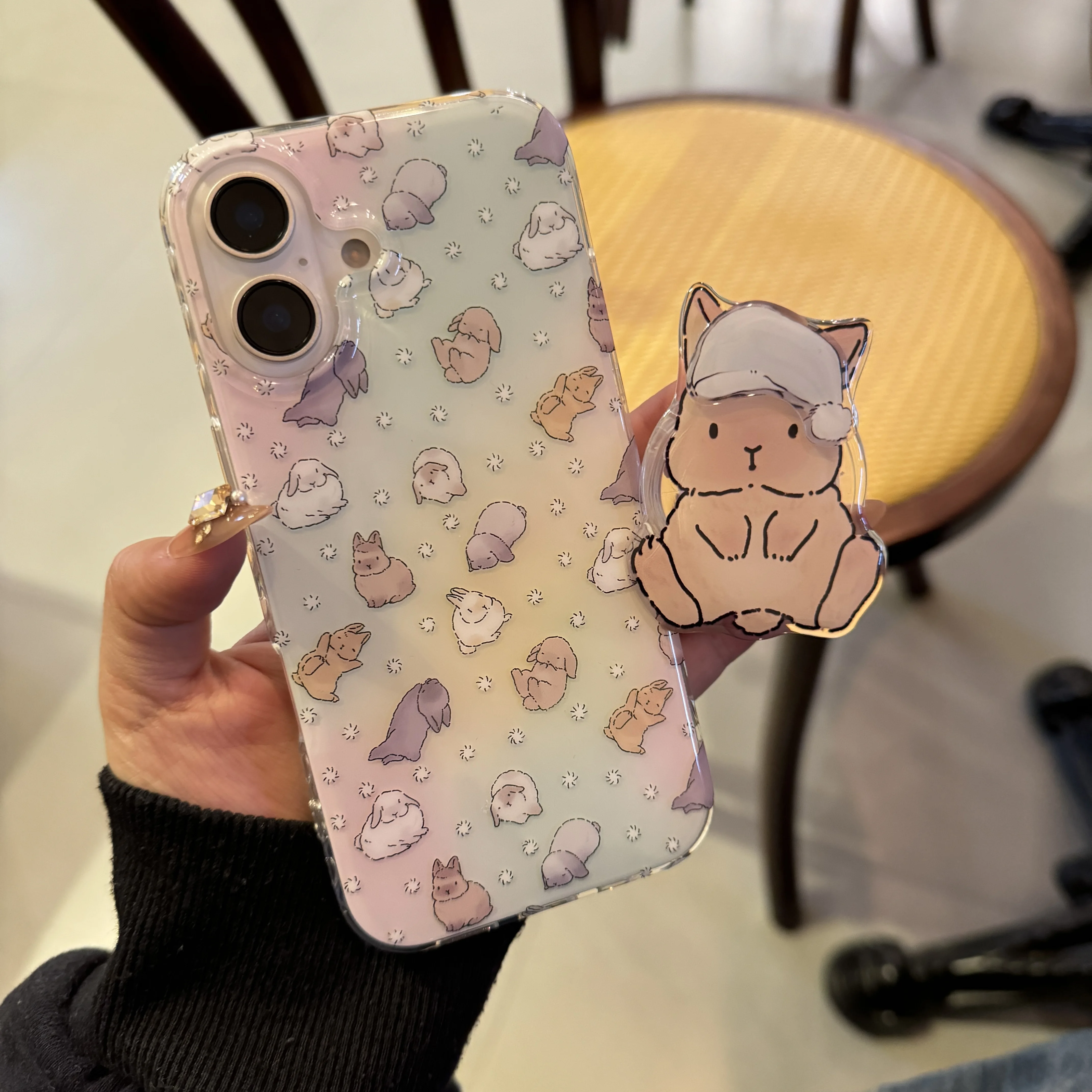 Ins Full Screen Cute Cartoon Halo Staining Rabbit Bracket Phone Case for iPhone 16 15 14 13 Pro Max Back Cover Funda