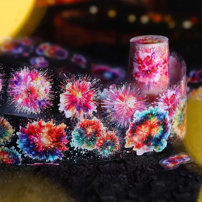 1Roll Fireworks Shell Light Handbook PET Tape Fireworks Sunny Day Blue Material Loop Stickers Adhesives Scrapbook Tape Sticker