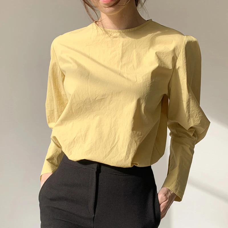 

Early Spring Chic mat Women's Loose Bubble Sve irt round Ne Color Top Versatile Comfortable Korean Sle