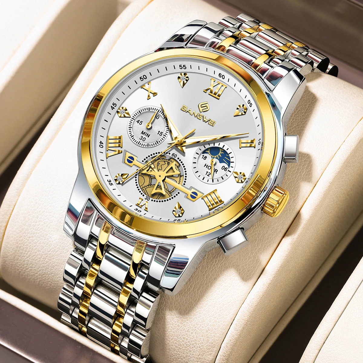 BANGWEI Mens Watches Classic Multifunctional Fltwheel Chronograph Original Quartz Wristwatch Moon Phase 24 Hour Waterproof Watch
