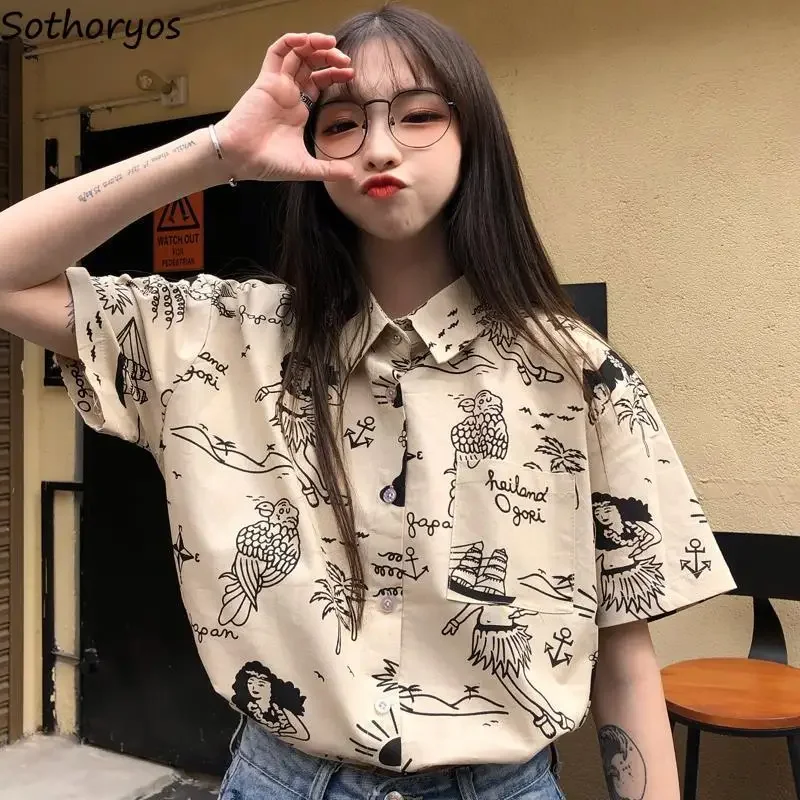 Blouse Women Shirts Turn-down Collar Short Sleeve Printed Retro Single-breasted Loose Harajuku Students Streetwear BF Casual New