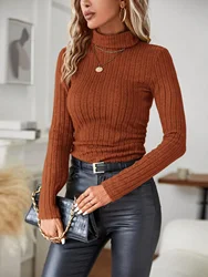 Spring-fall women's casual long-sleeved knitted top, solid striped high-neck T-shirt