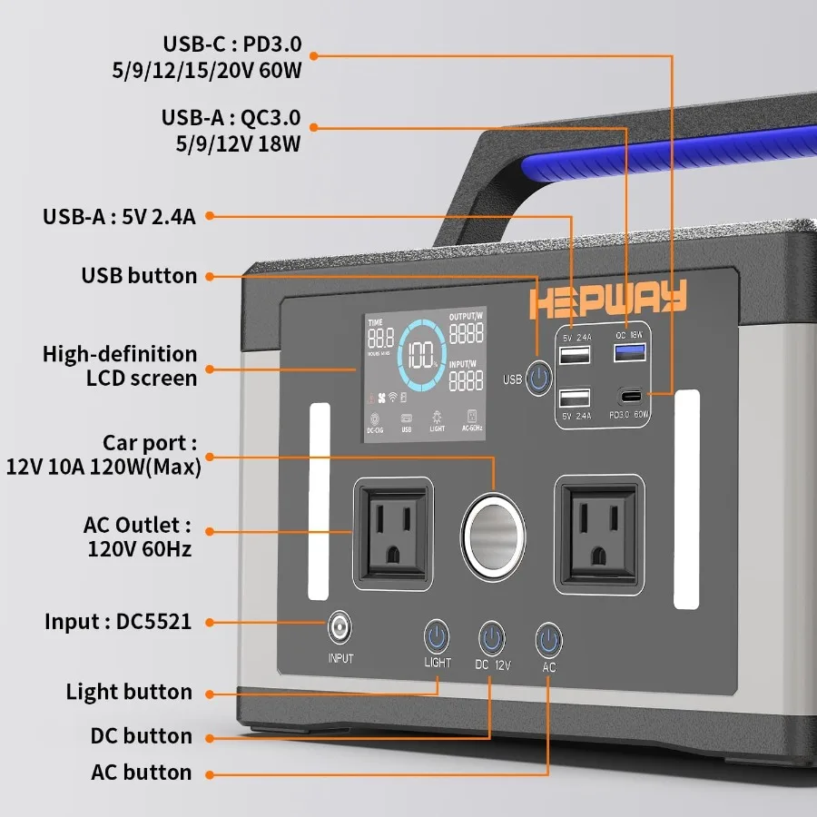 Portable Power Station 700W 1000W Peak 577Wh Backup Battery Solar Generator with Pure Sine Wave Inverter 120V AC Output Car Out